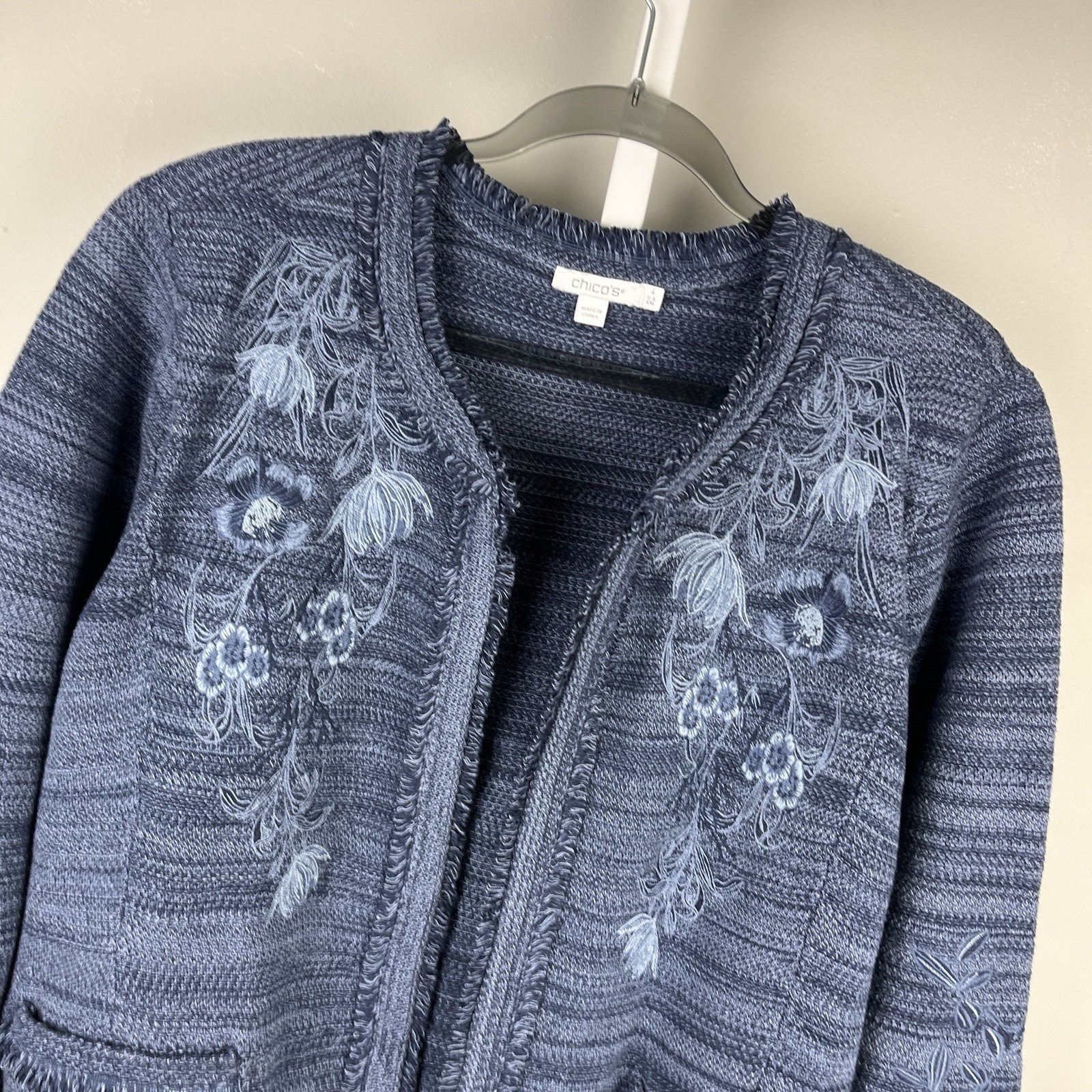 Chico's Blue Tapestry Woven Jacket Size 4 Womens Xxl Embroidered Floral